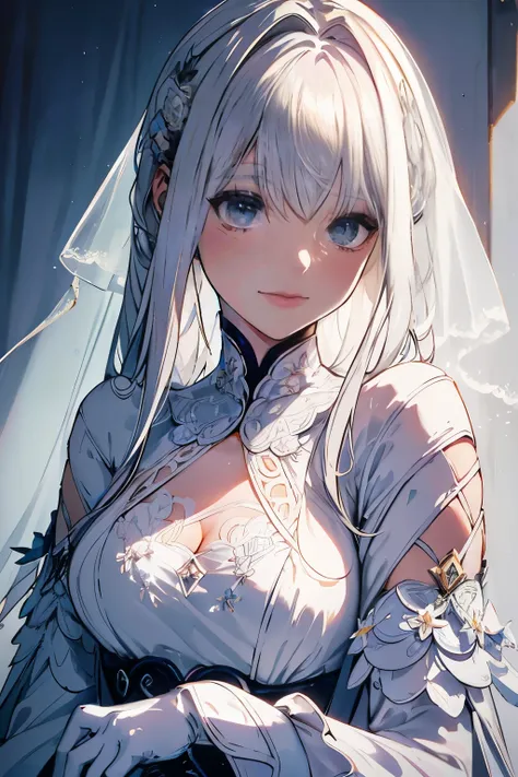 best quality,ultra detailed,white hair,gloves,Portrait, Soft Lighting ,Delicate Details,realistic skin texture with Emi, smile,bright colors, Fine Brush Strokes , glowing background ,Ethereal vibe, Impeccable Makeup ,graceful posture,Kind personality,sleek...