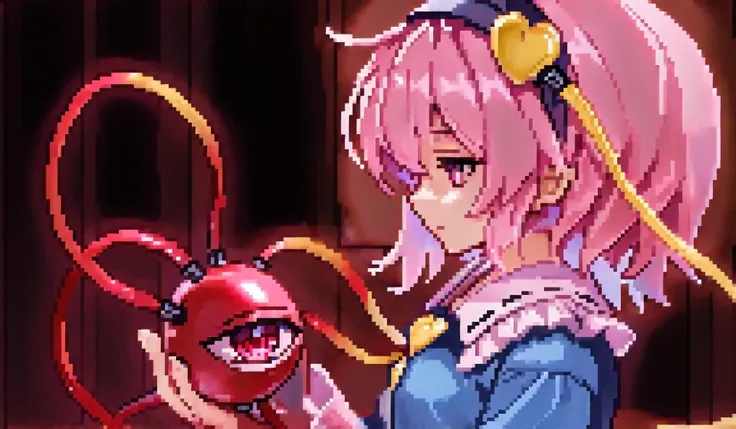 komeiji satori, 1girl, solo, pink eyes, third eye, pink hair,
hairband, blue shirt, pink skirt, frilled shirt collar, frilled sleeves,、 beautiful and delicate 目, 最高のウエルズの品質,素晴らしい製品、さあ、灰色の背景 。 を描いたイラスト {x} 数メートル離れたところからの視点を描いたイラスト。solo。斜めからのイラスト。グリットに戻り、強...