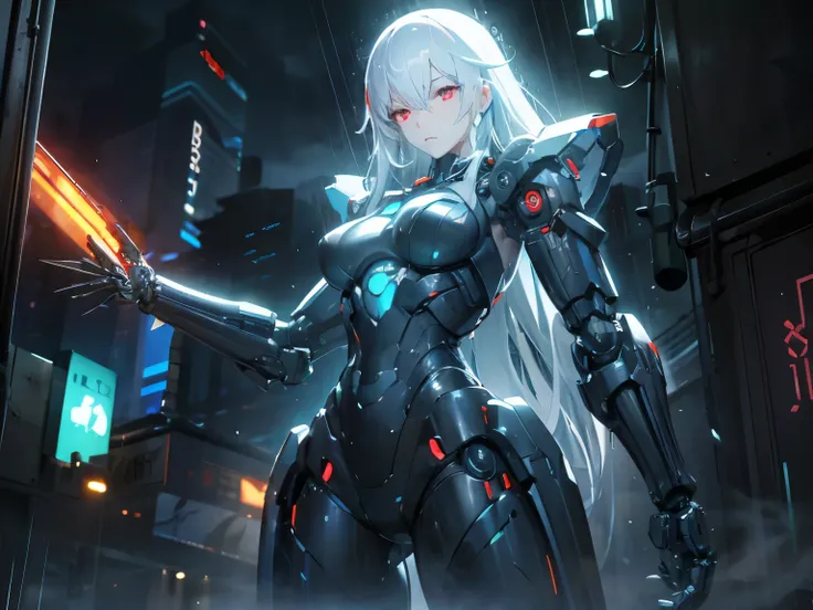 Create a futuristic setting with a female humanoid robot featuring a sleek, silver and black design. The robot has long, flowing hair that contrasts with its metallic body and glowing red eyes, exuding an aura of advanced technology. The large mechanical a...