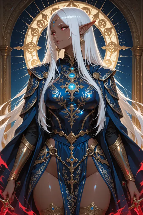 Masterpiece, best quality, amazing quality, delicate illustration, latest work, very aesthetic, sharp focus, subjective. A commanding dark elf villainess warrior named Elma, with rich brown skin, long white hair adorned with a red ribbon, and sharp red eye...