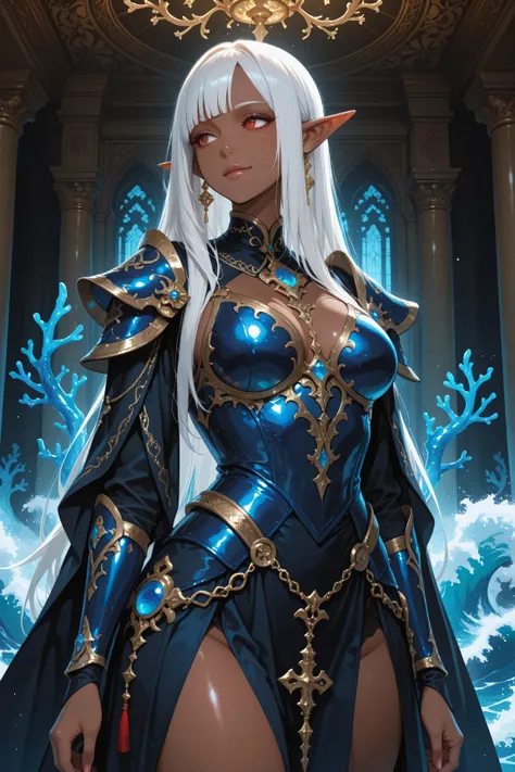 Masterpiece, best quality, amazing quality, delicate illustration, latest work, very aesthetic, sharp focus, subjective. A commanding dark elf villainess warrior named Elma, with rich brown skin, long white hair adorned with a red ribbon, and sharp red eye...