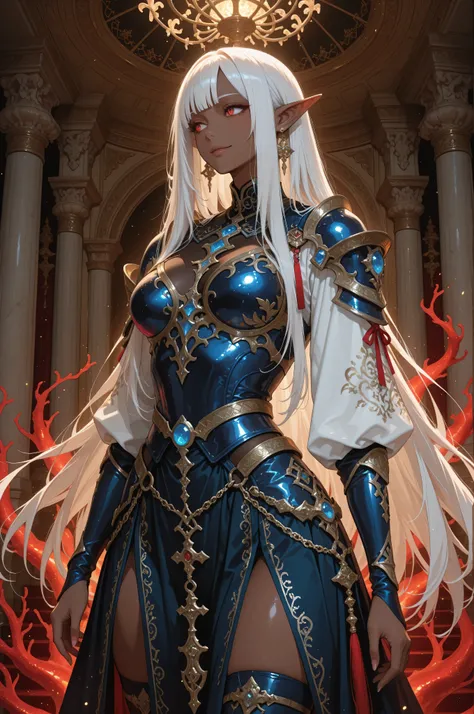Masterpiece, best quality, amazing quality, delicate illustration, latest work, very aesthetic, sharp focus, subjective. A commanding dark elf villainess warrior named Elma, with rich brown skin, long white hair adorned with a red ribbon, and sharp red eye...