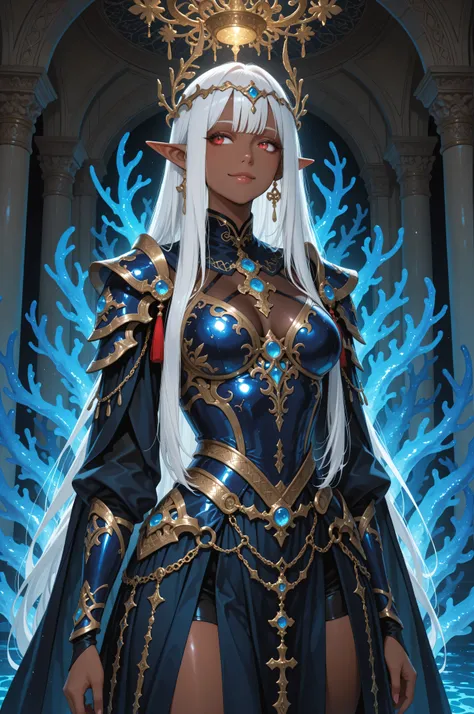Masterpiece, best quality, amazing quality, delicate illustration, latest work, very aesthetic, sharp focus, subjective. A commanding dark elf villainess warrior named Elma, with rich brown skin, long white hair adorned with a red ribbon, and sharp red eye...
