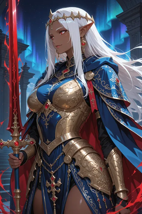 Masterpiece, best quality, amazing quality, delicate illustration, latest work, very aesthetic, sharp focus, subjective. A commanding dark elf villainess warrior named Elma, with rich brown skin, long white hair adorned with a red ribbon, and sharp red eye...