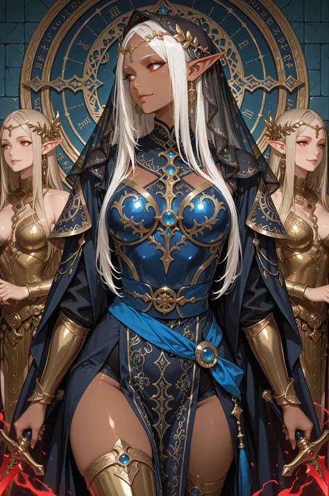Masterpiece, best quality, amazing quality, delicate illustration, latest work, very aesthetic, sharp focus, subjective. A commanding dark elf villainess warrior named Elma, with rich brown skin, long white hair adorned with a red ribbon, and sharp red eye...