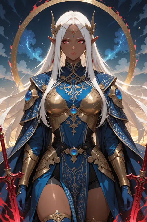 Masterpiece, best quality, amazing quality, delicate illustration, latest work, very aesthetic, sharp focus, subjective. A commanding dark elf villainess warrior named Elma, with rich brown skin, long white hair adorned with a red ribbon, and sharp red eye...