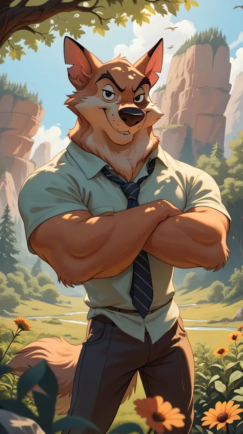 Kaltag pny, alaskan malamute, solo, detailed, detailed face, detailed eyes, anthro body, male, adult, very muscular:1.1, cartoon shading, cel shaded:1.0, flat colors, shirtless, wfa style, negger style, cartoony anatomy, above waist, looking at viewer, arm...