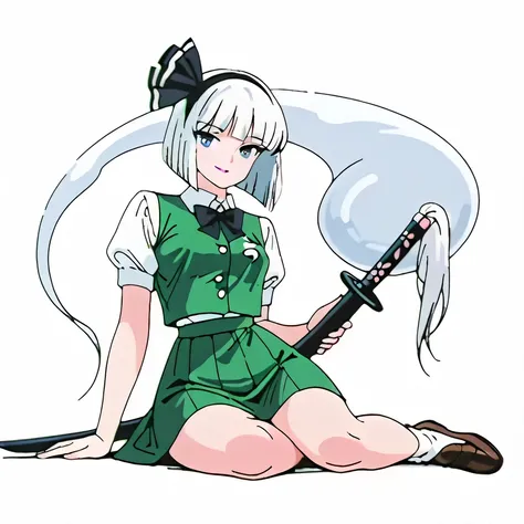 konpaku_youmu, konpaku_youmu_(ghost), black_bow, black_bowtie, 1girl, white_hair, short_hair, bob_cut, smile, pink_lips, blunt_bangs, blunt_ends, green_skirt, green_vest, collared_shirt, white_shirt, medium_breasts, loafers, wide_hips, black_hairband, hold...
