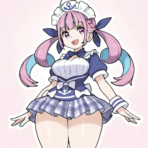 Minato_aqua, 1girl, twintails, smile, miniskirt, plaid_skirt, large_breasts, maid, wide_hips, thighs, thick_thighs, open_mouth, masterpiece, best_quality, intricate_details, absurdres, beautiful_detailed_eyes, artist_sugimori_ken
