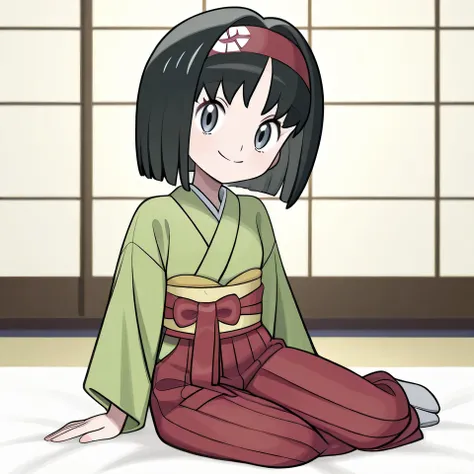 Erika_(pokemon), 1girl, happy, ,  small, medium_hair, blunt_bangs, grey_eyes, grey_eyes, blunt_ends, red_ hairband, black_hair,  smile, green_kimono, Obi, red_Hakama, sash, masterpiece, best_quality, intricate_details, absurdres, full_body, tabi, Yokozuwar...
