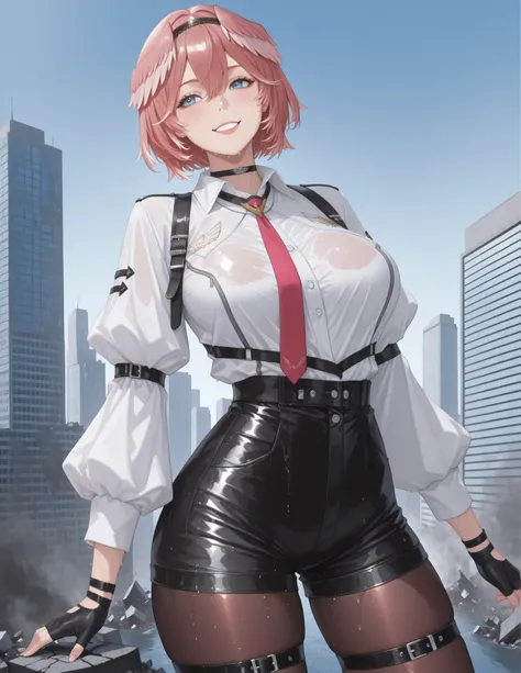 masterpiece, 最High Quality, High Quality,  
 Louis IL , luidef  , Head Wings, short hair, headband, puffy long sleeve, collared shirt, high-waist shorts, red tie, Shoulder jacket, fingerless gloves, thigh strap, pantyhose under shorts, legwear under shorts...