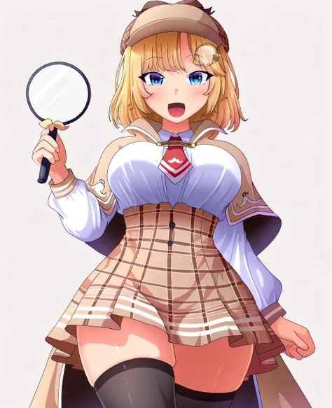 Watson_amelia, 1girl, blue_eyes, blonde_hair, happy, medium_hair, smile, miniskirt, plaid_skirt, large_breasts, hat, wide_hips, thighs, thick_thighs, open_mouth, detective, white_shirt, masterpiece, best_quality, intricate_details, absurdres, beautiful_det...