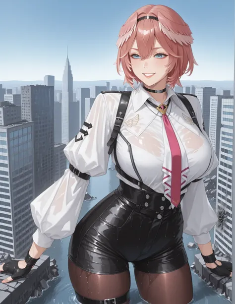 masterpiece, 最High Quality, High Quality,  
 Louis IL , luidef  , Head Wings, short hair, headband, puffy long sleeve, collared shirt, high-waist shorts, red tie, Shoulder jacket, fingerless gloves, thigh strap, pantyhose under shorts, legwear under shorts...