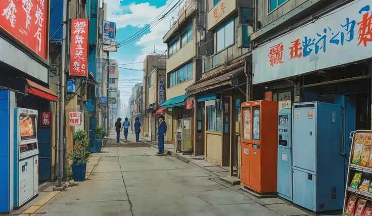 Drawn in 80’s anime art style.
Retro anime. Vintage Anime. Classical Anime.
Japanese Street.
The street hums with quiet life, nestled somewhere between sleepy suburb and restless city. Low-rise buildings with neon signs in faded kanji line the sidewalk...