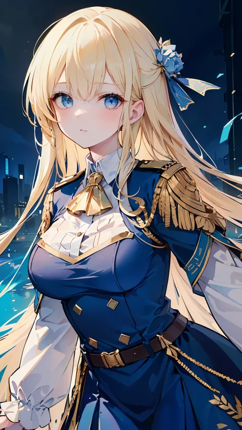 (((Best quality, 8k, Masterpiece: 1.3)), ((best quality)), ((masterpiece)), (detailed), perfect face, A fictional female military officer with blonde hair and blue eyes, wearing a regal blue military uniform intricately trimmed with golden embroidery. Her ...