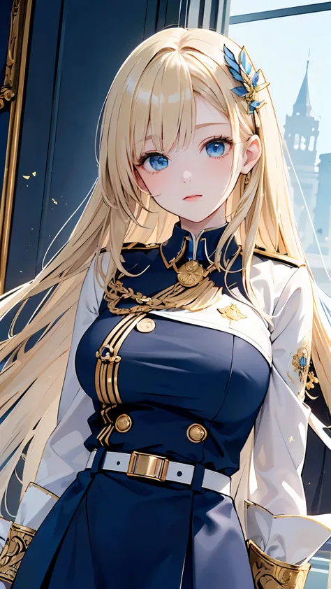 (((Best quality, 8k, Masterpiece: 1.3)), ((best quality)), ((masterpiece)), (detailed), perfect face, A fictional female military officer with blonde hair and blue eyes, wearing a regal blue military uniform intricately trimmed with golden embroidery. Her ...