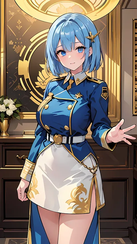 (((Best quality, 8k, Masterpiece: 1.3)), ((best quality)), ((masterpiece)), (detailed), perfect face, A fictional female military officer with blonde hair and blue eyes, wearing a regal blue military uniform intricately trimmed with golden embroidery. Her ...