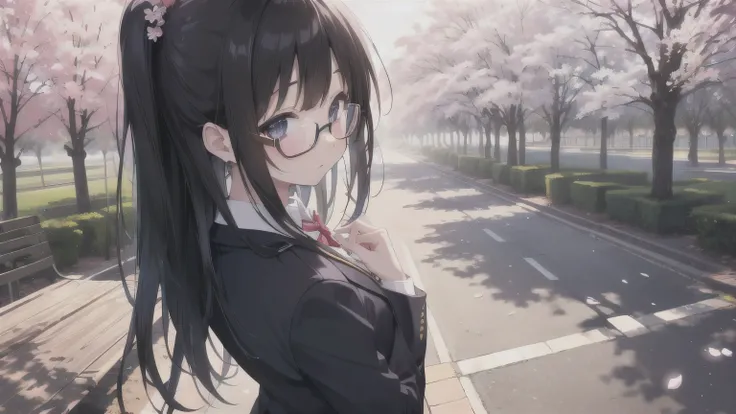 ( best quality、4K、8k、 high resolution、 masterpiece:1.2)(((It's connected， 手It's connectedUPの画像)))，back view,cute anime girl、 glasses，black hair，LONG HAIR 、high school girl，blazer uniform，Cherry Blossom Festival ,