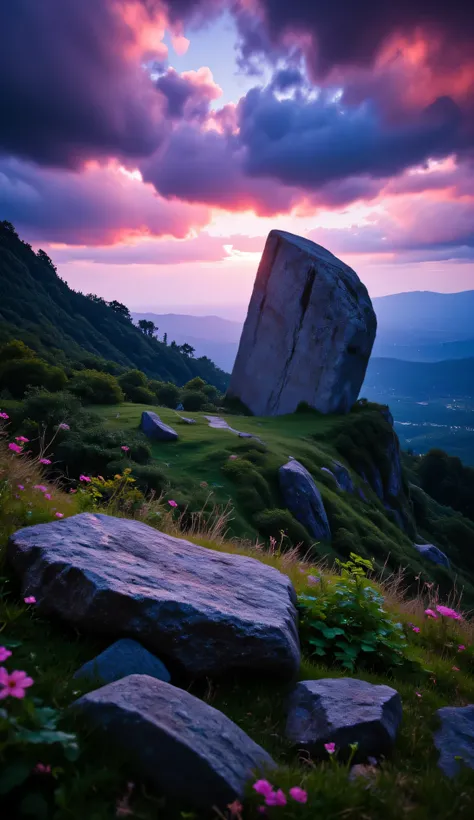 in high-definition images、What I'm imagining、A Masterpiece of Chilean Plateau Scenery、vivid colors、An Intense Style of Spectacular Dramatic Expression、Flowers at the Forest Limit、One Large Megalithic Object(モノリス)、A gentle flower、PREMIUM QUALITY ENVIRONMEN...