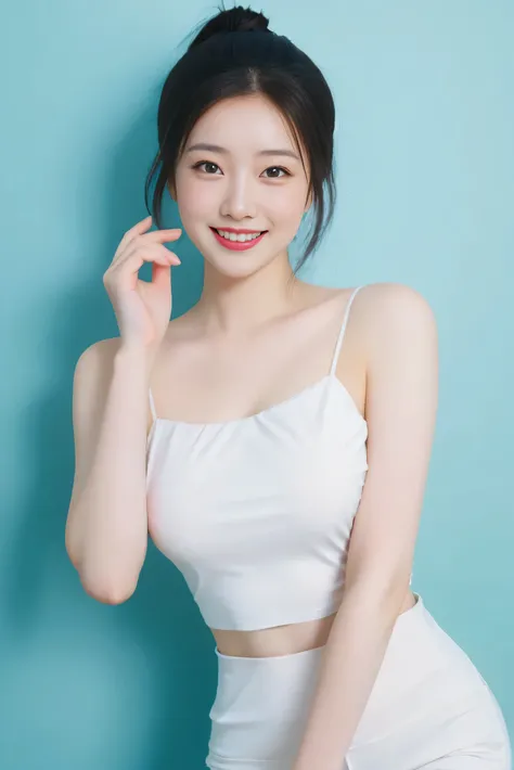 A beautiful young Asian woman with clear, glowing skin and natural makeup poses confidently against a pastel blue background. She is smiling warmly and holding up her right hand in an "OK" gesture. She is wearing a fitted white spaghetti strap top and high...