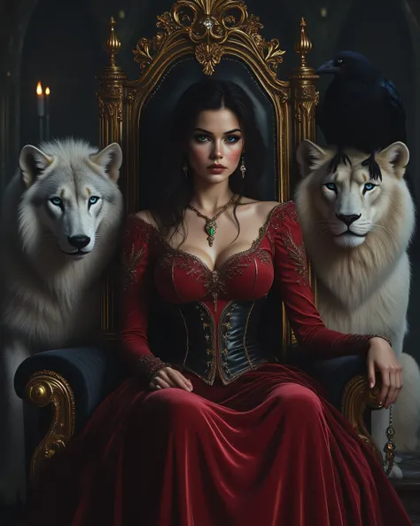 Rachel James sits on her throne, the very embodiment of authority. The throne, a masterpiece of black stone, rises before her with a high back, adorned with intricate golden carvings that tell stories of forgotten victories and ancient powers. The surface ...