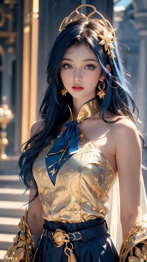 (((Best quality, 8k, Masterpiece: 1.3)), ((best quality)), ((masterpiece)), (detailed), perfect face, sharp detailing, A fictional female military officer with blonde hair and blue eyes, wearing a regal blue military uniform intricately trimmed with golden...