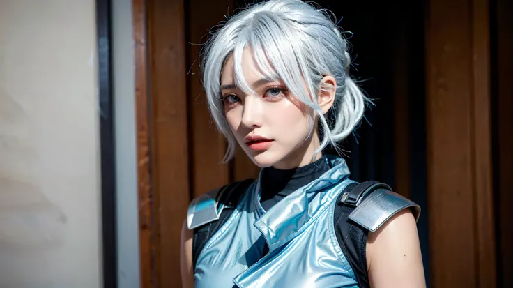 one woman、valorant's characters、jett、highlight breasts、 Silver Hair、sensual expression、graceful posture、plump chest 、Delicate Features、Attractive skin、High Quality、realistic、bokeh background、lighting effects、oil paint texture、fashion、Portrait、photographic ...