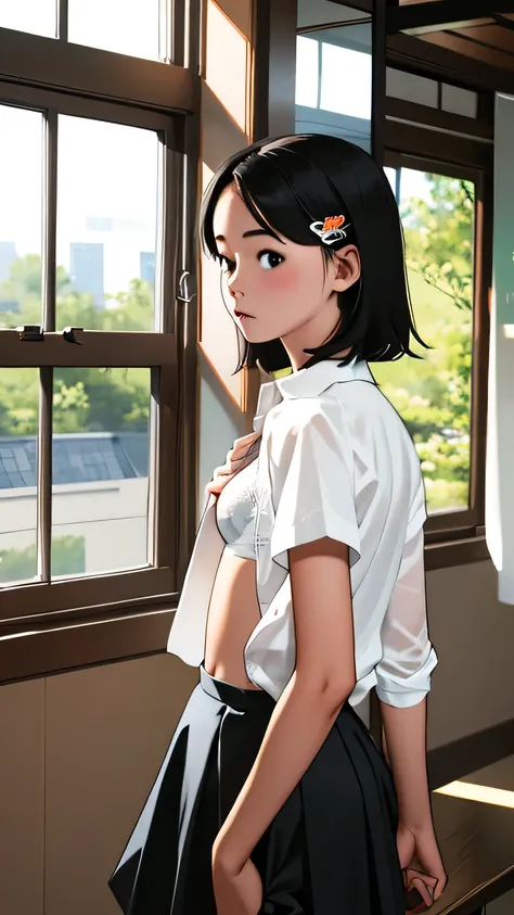 nsfw:1.0 , (1 girl, alone, Japanese Girls), Black Hair, short hair, Hair Clip, Shiny skin, Flat Chest, front view, facing forward , viewers, remove only one button on the shirt, The shirt opens slightly, the bra is slightly visible from the open shirt, wh...