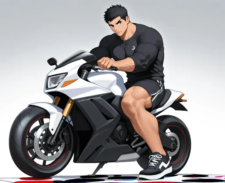 Muscular man black jersey black sneakers black shorts on top of a black Twister motorcycle in front