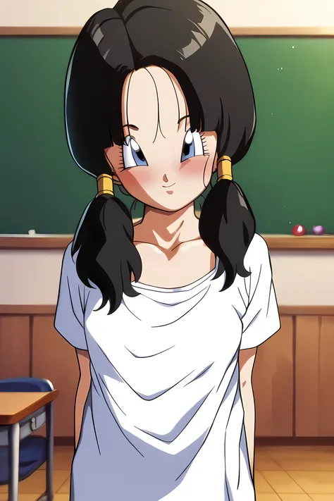 (masterpiece、Max Video Quality、top quality)、1 girl、looking at viewer、black hair、twin tails、blue eyes、classroom、white shirt、stand