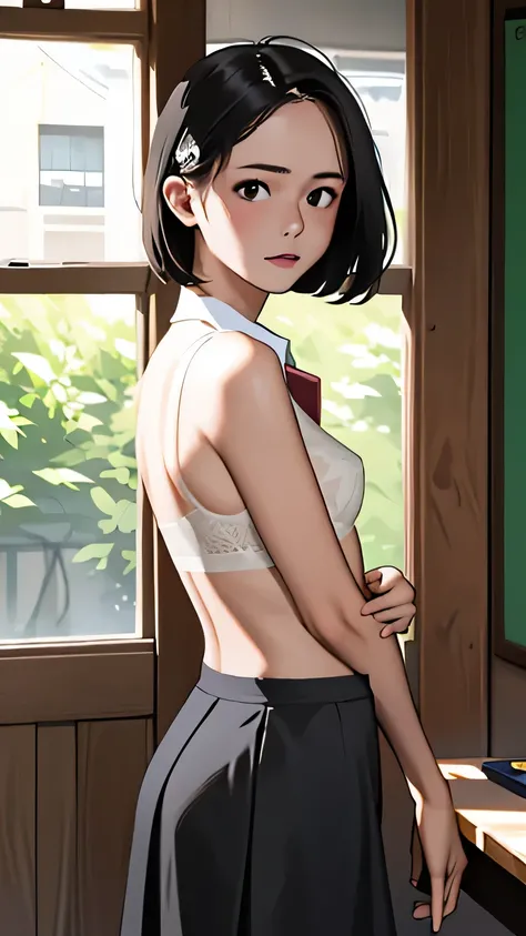 nsfw:1.0 , (1 girl, alone, Japanese Girls), Black Hair, short hair, Hair Clip, Shiny skin, Flat Chest, front view, facing forward , viewers, remove only one button on the shirt, The shirt opens slightly, the bra is slightly visible from the open shirt, wh...
