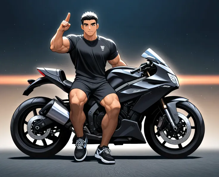Muscular man black jersey black shorts black sneakers sitting on a motorcycle with his right hand raised upwards closed