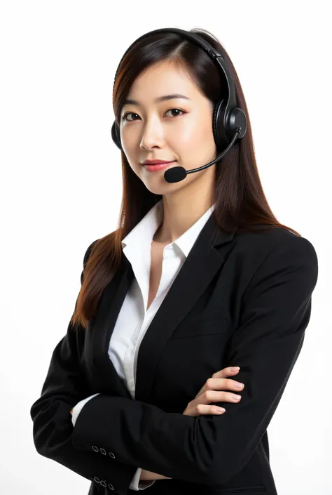 Young business woman telephone operator hotline worker customer support service manager with headset isolated on a white background copy space. Call center concept