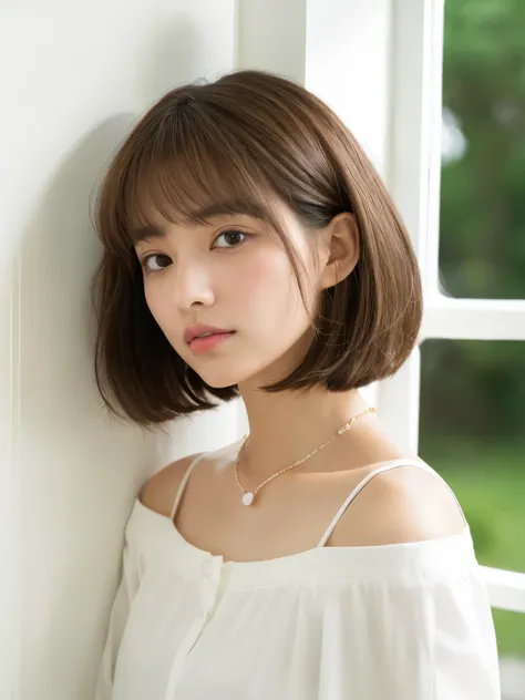 Close-up of a brown-haired woman in a white shirt, Shoulders - Length hair, Medium length hair, Curtain bang, Medium length hair, with short hair, Shoulder-length hair, White princess cut hairstyle, Korean symmetrical face, short～Medium Hair, Neat hairstyl...