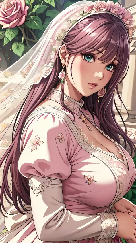 (masterpiece, best quality, best quality, Official Art, Beautiful aesthetic:1.2), green eyes, (best quality, masterpiece painting:1.3), Immature woman, , (bust), masterpiece, ultra high resolution, (((wedding veil, lace trim dress, transparent, Wedding Dr...
