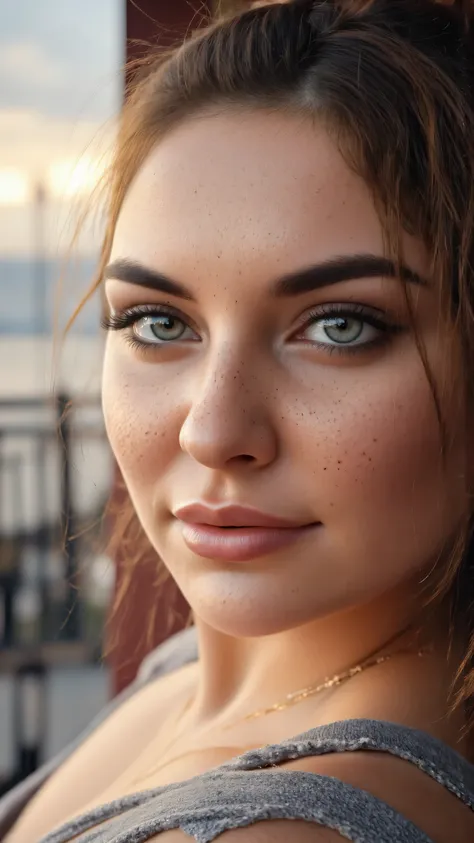 picture of a georgeous woman, natural beauty, gorgeous light blue eyes, big eyes, expressive eyes, she is sitting on a porch overlooking the ocean,looking out into the sunset, real skin, Skin texture, skin pores, highly detailed eyes, realistic eyes, Maste...