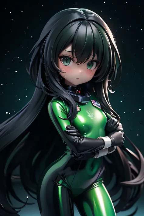 完璧な解剖学 best quality,highest resolution,(((shiny dark green spacesuit bodysuit shiny black hair long hair shiny skin sweat))) Space Opera spaceship cockpit flat chest pirate