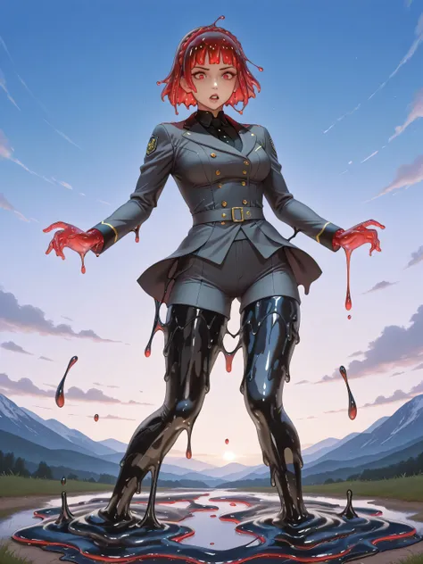 (Makoto Niijima, Makoto Uniform, transforming into a slimegirl, slimegirl transformation:15.0, translucent:5.0), melt, melting, fully melted:1.0, slimification, transformation, melt into a puddle:1.0, ultra high detail, slimegirl hair, melting hair