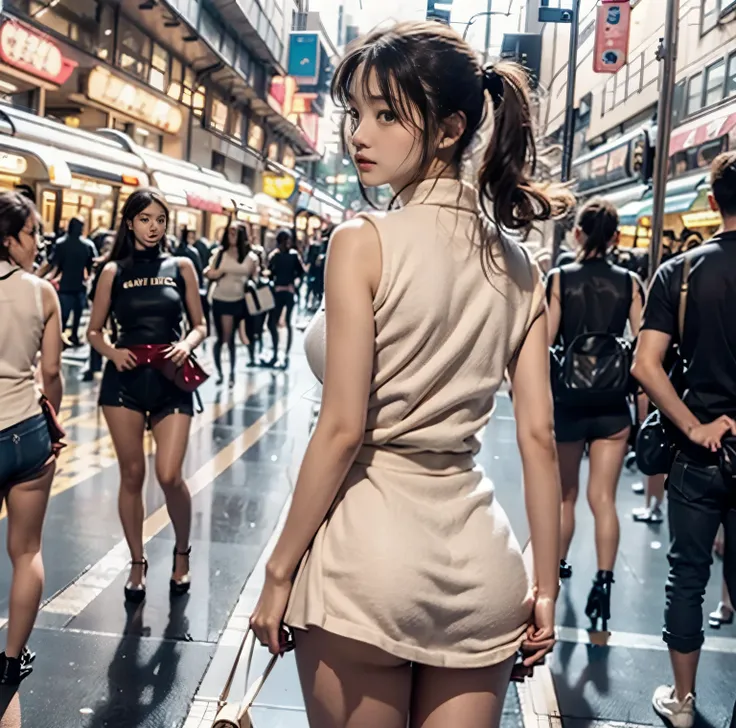 8K quality, pictures, A beautiful woman like a goddess, in the city where the backlight of the intense sunset is dazzling, Above thigh , (pleated micro skirt), (unexposed shirt), (Back view:1.2), Blonde hair blowing in the wind, White Porcelain Whitening S...