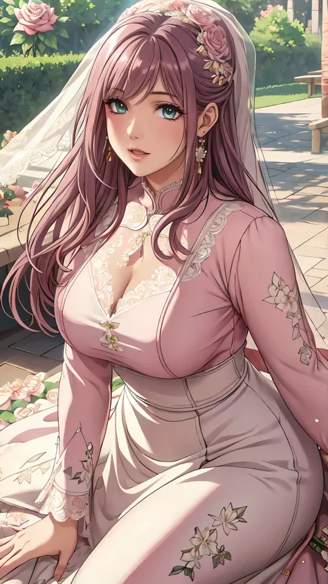 (masterpiece, best quality, best quality, Official Art, Beautiful aesthetic:1.2), green eyes, (best quality, masterpiece painting:1.3), Immature woman, , (bust), masterpiece, ultra high resolution, (((wedding veil, lace trim dress, transparent, Wedding Dr...