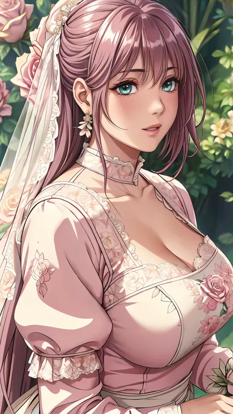 (masterpiece, best quality, best quality, Official Art, Beautiful aesthetic:1.2), green eyes, (best quality, masterpiece painting:1.3), Immature woman, , (bust), masterpiece, ultra high resolution, (((wedding veil, lace trim dress, transparent, Wedding Dr...