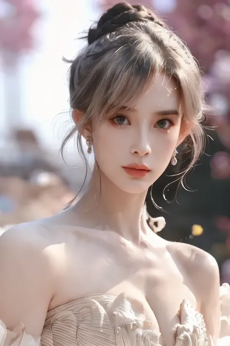 Beautiful Woman with Perfect Body:1.4,Layered Hairstyle,prominent cleavage:1.2,Highly Detailed Facial and Skin Textures,Double eyelids,Skin Whitening,has white hair,Half-length portrait