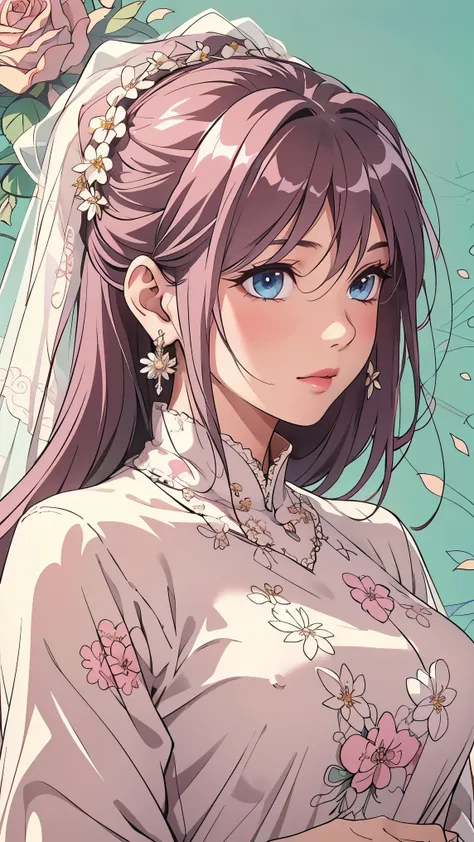 (masterpiece, best quality, best quality, Official Art, Beautiful aesthetic:1.2), green eyes, (best quality, masterpiece painting:1.3), Immature woman, , (bust), masterpiece, ultra high resolution, (((wedding veil, lace trim dress, transparent, Wedding Dr...