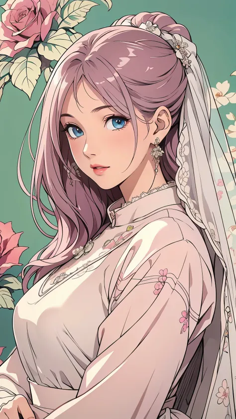 (masterpiece, best quality, best quality, Official Art, Beautiful aesthetic:1.2), green eyes, (best quality, masterpiece painting:1.3), Immature woman, , (bust), masterpiece, ultra high resolution, (((wedding veil, lace trim dress, transparent, Wedding Dr...