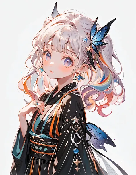  best detail、  best quality、masterpiece、Super Detail、high precision、1 girl，，Blink， （   hair color is milky white and hair tips are blue ）、  cutest girl in the world   ，Wear a colorful and cute gothic kimono costume   ,  Star Fairy ,Wear a colorful and cute...