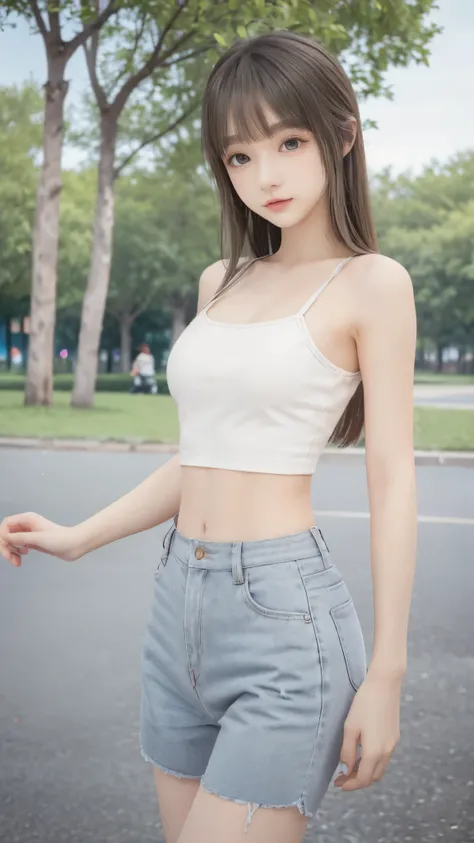 (HD、4K、realistic depiction)、(perfect and very thin waist highlighted)、( Beautiful Russian  )、(Posing in the park)