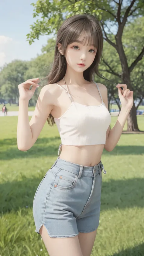 (HD、4K、realistic depiction)、(perfect and very thin waist highlighted)、( Beautiful Russian  )、(Posing in the park)