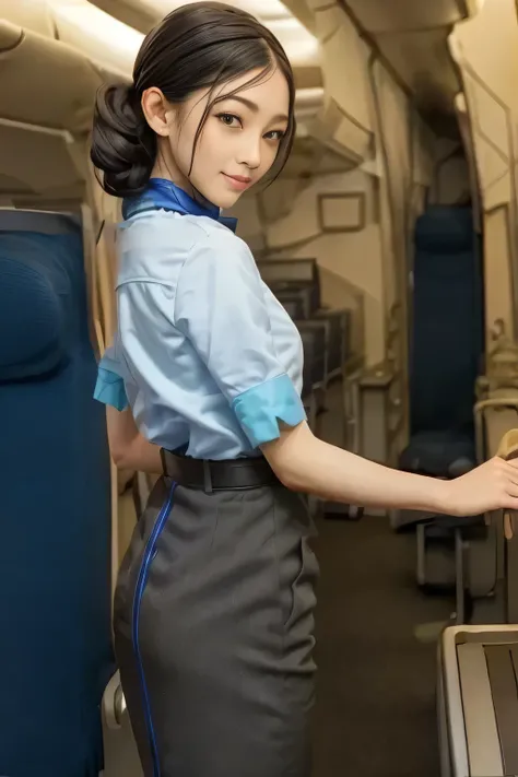 (masterpiece:1.2, best quality:1.2), 32kHDR, HD 。 perfect for loosely aligning your legs , (alone、 1 girl)、( daytime building rooftop 、 Professional Writing )、 against the roof of a building 、(ANA Flight Attendant Uniform Blue Wear 、real style )、(( ...