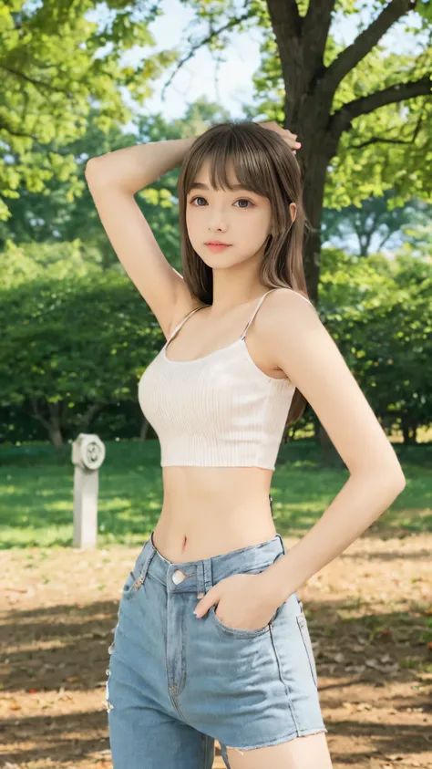 (HD、4K、realistic depiction)、(perfect and very thin waist highlighted)、( Beautiful Russian  )、(Posing in the park)