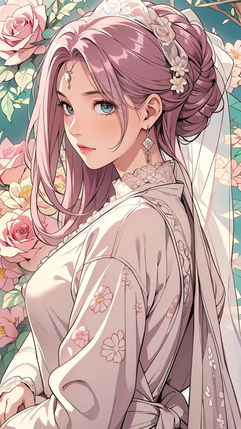 (masterpiece, best quality, best quality, Official Art, Beautiful aesthetic:1.2), green eyes, (best quality, masterpiece painting:1.3), Immature woman, , (bust), masterpiece, ultra high resolution, (((wedding veil, lace trim dress, transparent, Wedding Dr...